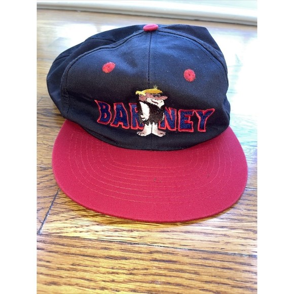 Vintage 90s Flintstones Cartoon Barney Rubble Snapback Cap Red Brim Black Hat - Picture 2 of 4